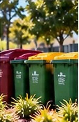 Red, yellow and green waste and recycling bins in a garden setting