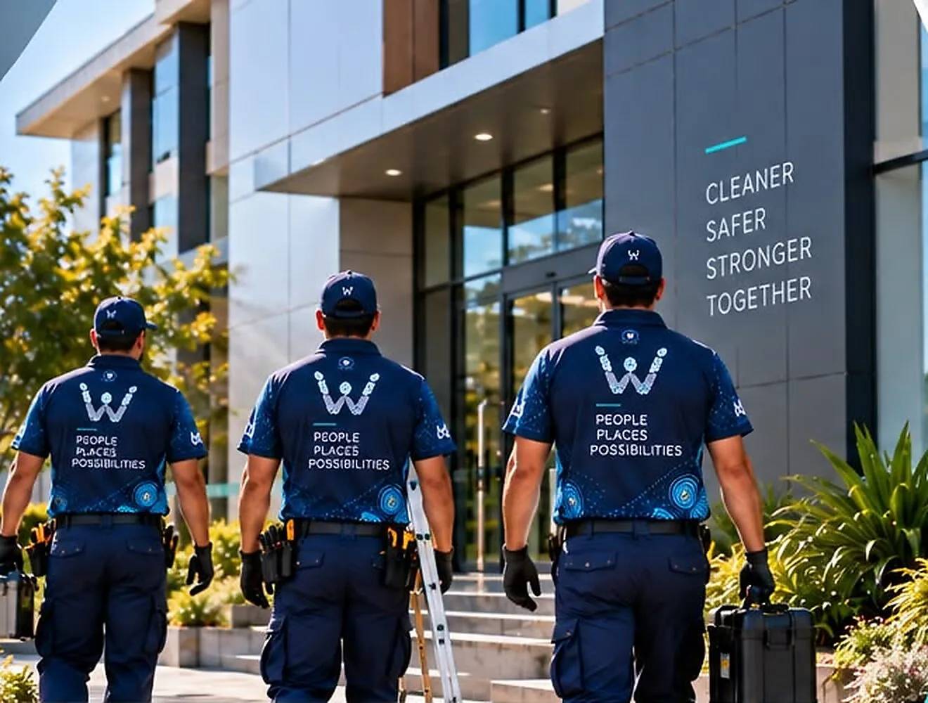 Three Warlimagu technicians in uniform walking towards a modern building entrance