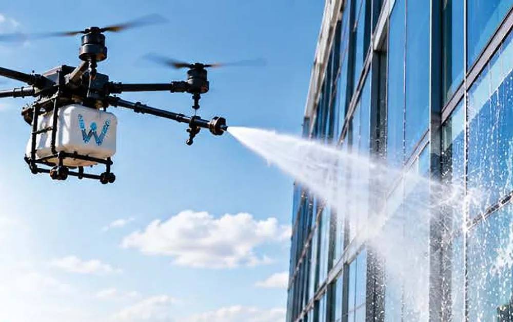 A drone with a Warlimagu logo cleaning the glass facade of a tall building