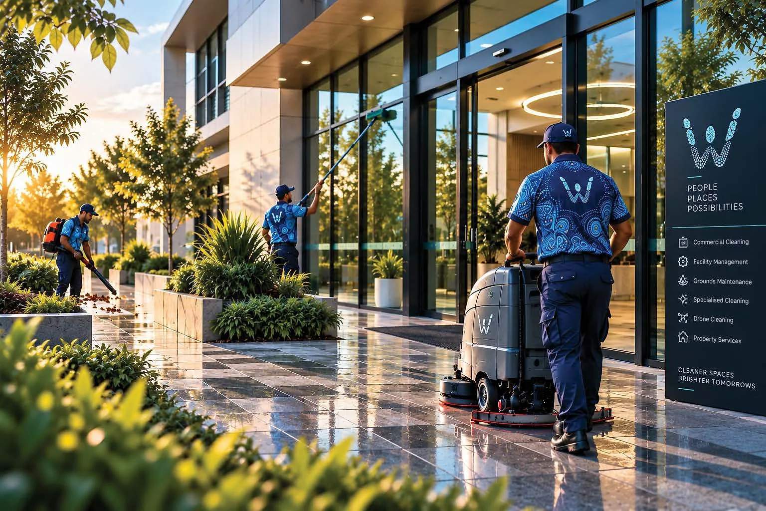 Warlimagu team members cleaning the glass entrance, tidying the gardens and scrubbing the floor at a modern commercial building