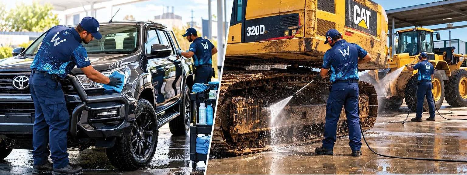 Warlimagu team detailing a 4WD and pressure washing an excavator
